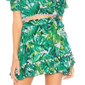 Lovers + Friends Alicia Lilac Green Palm Print Pom Pom Trim Wrap Mini Skirt - XS